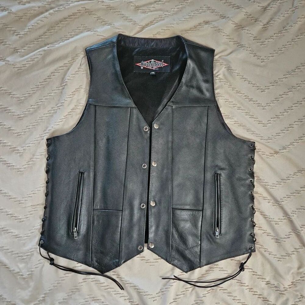 Black leather motorcycle vest made by Street & Steel